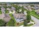 An aerial view of a gray home in a residential neighborhood, with a manicured lawn at 3257 Heart Pine Ave, Odessa, FL 33556