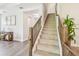 Carpeted staircase with stained wood railing leads to the upper level at 3257 Heart Pine Ave, Odessa, FL 33556
