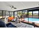 The covered outdoor seating area offers relaxing views of the screened-in pool at 7305 Jasmine Blvd, Port Richey, FL 34668