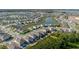 An aerial view of homes bordering a pond in a community, showcasing the neighborhood's layout and attractive location at 8210 Juning Cv, Wesley Chapel, FL 33545