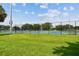 Exterior shot of community tennis courts with lush green grass and blue hardtop at 1443 54Th Ne Ave, St Petersburg, FL 33703