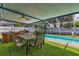 Relaxing screened-in pool with a table, chairs and ceiling fan, perfect for outdoor entertaining at 13029 111Th Ln, Largo, FL 33778