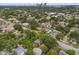Aerial view of a neighborhood featuring mature trees and the subject property near a bustling city skyline at 1650 22Nd N Ave, St Petersburg, FL 33713