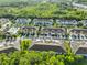 Aerial view of townhomes surrounded by green trees and greenery, nearby a community pool at 17834 Althea Blue Pl, Lutz, FL 33558