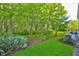 Lush backyard with mature trees, manicured lawn, and air conditioning units at 17834 Althea Blue Pl, Lutz, FL 33558