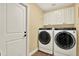 Bright laundry room features modern washer and dryer and white cabinets at 2806 Fairway View Dr, Valrico, FL 33596