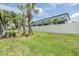 Beautiful fenced backyard with healthy green grass and palm trees, creating a serene and inviting outdoor area at 36414 Well Hill Way, Zephyrhills, FL 33541