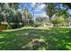 Large backyard with vibrant green lawn, surrounded by mature trees providing ample shade at 4009 S Renellie Dr, Tampa, FL 33611