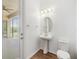 Bright bathroom features a sleek pedestal sink, wood-look tile flooring, and modern lighting fixture at 4716 Butler National Dr, Wesley Chapel, FL 33543