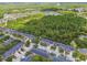 Aerial view showcasing the townhome community surrounded by lush greenery and a serene pond at 6234 Ashbury Palms Dr, Tampa, FL 33647