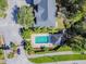 Aerial view of a community pool area with lounge chairs, set amidst mature trees and well-maintained landscaping at 6234 Ashbury Palms Dr, Tampa, FL 33647