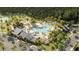 Aerial view of a resort-style pool, clubhouse, and amenities surrounded by palm trees and landscaping at 8747 Flourish Dr, Land O Lakes, FL 34637