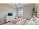 Well-lit bedroom with a view, TV, pink accents, and ladder with greenery providing a serene touch at 8747 Flourish Dr, Land O Lakes, FL 34637