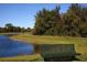 Peaceful pond view with a bench in the foreground, surrounded by lush green grass and mature trees under a clear sky at 8747 Flourish Dr, Land O Lakes, FL 34637