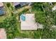 Aerial view of a home with screened in pool, set amongst mature trees and lush landscaping at 9116 Woodridge Run Dr, Tampa, FL 33647