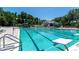 Beautiful community pool with a slide, seating and pristine blue water on a sunny day at 9116 Woodridge Run Dr, Tampa, FL 33647