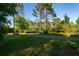 Scenic path in the neighborhood, featuring lush green lawns, mature trees, and benches at 9116 Woodridge Run Dr, Tampa, FL 33647
