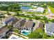 Stunning aerial view of a community with lush landscaping, a scenic pond, and well-maintained homes and swimming pools at 11307 Quiet Forest Dr, Tampa, FL 33635