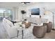 Elegant living room showcasing comfortable seating, a modern media console, and large windows at 11730 Myakka Blue Dr, Venice, FL 34293