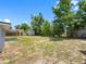 Fenced backyard showcasing a storage shed, covered patio, mature trees, and a spacious yard at 1213 W Camellia Dr, Brandon, FL 33510