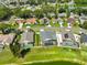 An aerial view showing houses with screened-in pools, nestled among green trees near a lake at 2021 Elk Spring Dr, Brandon, FL 33511