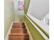 Stylish staircase featuring hardwood steps, a white handrail, and a vibrant flamingo art piece on the wall at 2363 Hanover Dr, Dunedin, FL 34698