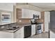 Modern kitchen with stainless steel appliances, white cabinets, and a double sink at 23917 Pow Wow Dr, Lutz, FL 33559