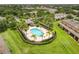 An aerial view of the community pool surrounded by lush landscaping and palm trees at 2628 Oleander Lakes Dr, Brandon, FL 33511