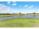 Scenic pond view with lush green grass and trees, under a sunny sky with scattered clouds on the horizon at 308 Mangrove Shade Cir, Apollo Beach, FL 33572