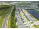 Aerial view of a well-planned community featuring modern homes and a long pond at 3144 Mountain Spruce Ter, Wesley Chapel, FL 33543