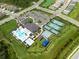 Aerial view of the community center offering a pool, sports courts, and ample parking at 3144 Mountain Spruce Ter, Wesley Chapel, FL 33543