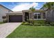 Home with a paved driveway, well-maintained lawn, and lush landscaping, framed by mature palm trees at 3318 Woodland Brook Way, Wesley Chapel, FL 33543