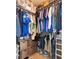 Organized closet with hanging clothes, shelving, storage bins and boxes on top shelves with wood floor at 346 Gray Oak Dr, Tarpon Springs, FL 34689