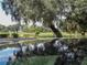 Reflections in a car window offer a glimpse of the lush golf course with mature trees and tranquil pond at 36731 Tara Ave, Zephyrhills, FL 33542