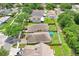 Aerial view of a neighborhood, highlighting the backyard patio with a teal cover at 6801 Summer Cove Dr, Riverview, FL 33578