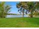 Beautiful lush green backyard with a serene lake view under a clear blue sky at 9712 Tree Tops Lake Rd, Tampa, FL 33626