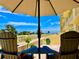 Cozy patio with umbrella and chairs offers a shaded spot for relaxation and outdoor enjoyment at 100 Bluff View Dr # 115C, Belleair Bluffs, FL 33770