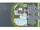Overhead view of a clubhouse with pool, lounge areas, a lake, parking, and lush greenery, providing an overview of the amenities at 18421 Vista Park Ter, Venice, FL 34293