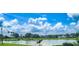 Expansive lake view featuring a bright blue sky, scattered trees, and charming community landscaping at 2957 Hickory Grove Dr, Valrico, FL 33596
