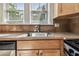 Close up of kitchen sink with tile backsplash, wooden cabinets, and stainless steel faucet at 535 6Th N St, St Petersburg, FL 33701