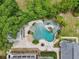 Aerial view of a luxurious pool area with a spa, sundeck, and meticulously manicured landscaping at 8410 Kenavis Pl, Odessa, FL 33556