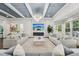 Stunning living room with modern fireplace, elegant chandelier, and stylish decor offers a luxurious ambiance at 8410 Kenavis Pl, Odessa, FL 33556