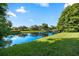 Scenic view of a tranquil waterway surrounded by lush greenery, reflecting the clear blue sky above at 10751 Tavistock Dr, Tampa, FL 33626