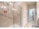 Walk-in shower featuring tiled walls, glass door, and safety grab bars at 1669 Ludington Ave, Wesley Chapel, FL 33543