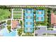 Aerial view of multiple tennis courts and bocce ball, providing diverse recreational options at 16938 Scuba Crest St, Wimauma, FL 33598