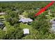 Aerial view of a cozy home surrounded by lush greenery, featuring a pool, shed and lovely landscaping at 1861 Royal Oak E Pl, Dunedin, FL 34698