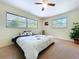 Bright bedroom with natural light, featuring neutral carpet, ceiling fan and two sunny windows at 1861 Royal Oak E Pl, Dunedin, FL 34698