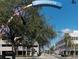 Streetscape view with a 'Clearwater' sign, featuring buildings and mature trees at 1861 Royal Oak E Pl, Dunedin, FL 34698
