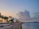 Scenic waterfront view featuring palm trees, calm waters, a sandy beach, and a beautiful sunset sky at 1861 Royal Oak E Pl, Dunedin, FL 34698