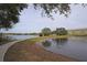 Picturesque lake view featuring a curved walkway, fountain, lakefront building, and serene surroundings at 2253 Norwegian Dr # 27, Clearwater, FL 33763